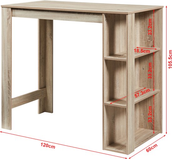Houten bartafel 120x60x105,5cm met 3 open vakken en afmetingen.
