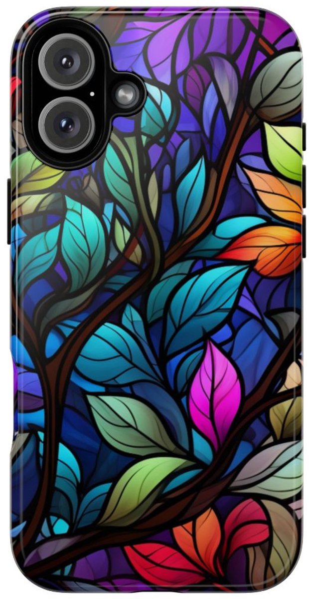 Kleurrijk Glas-in-Lood Bladerenpatroon – Telefoonhoesje Geschikt voor iPhone 16 Plus