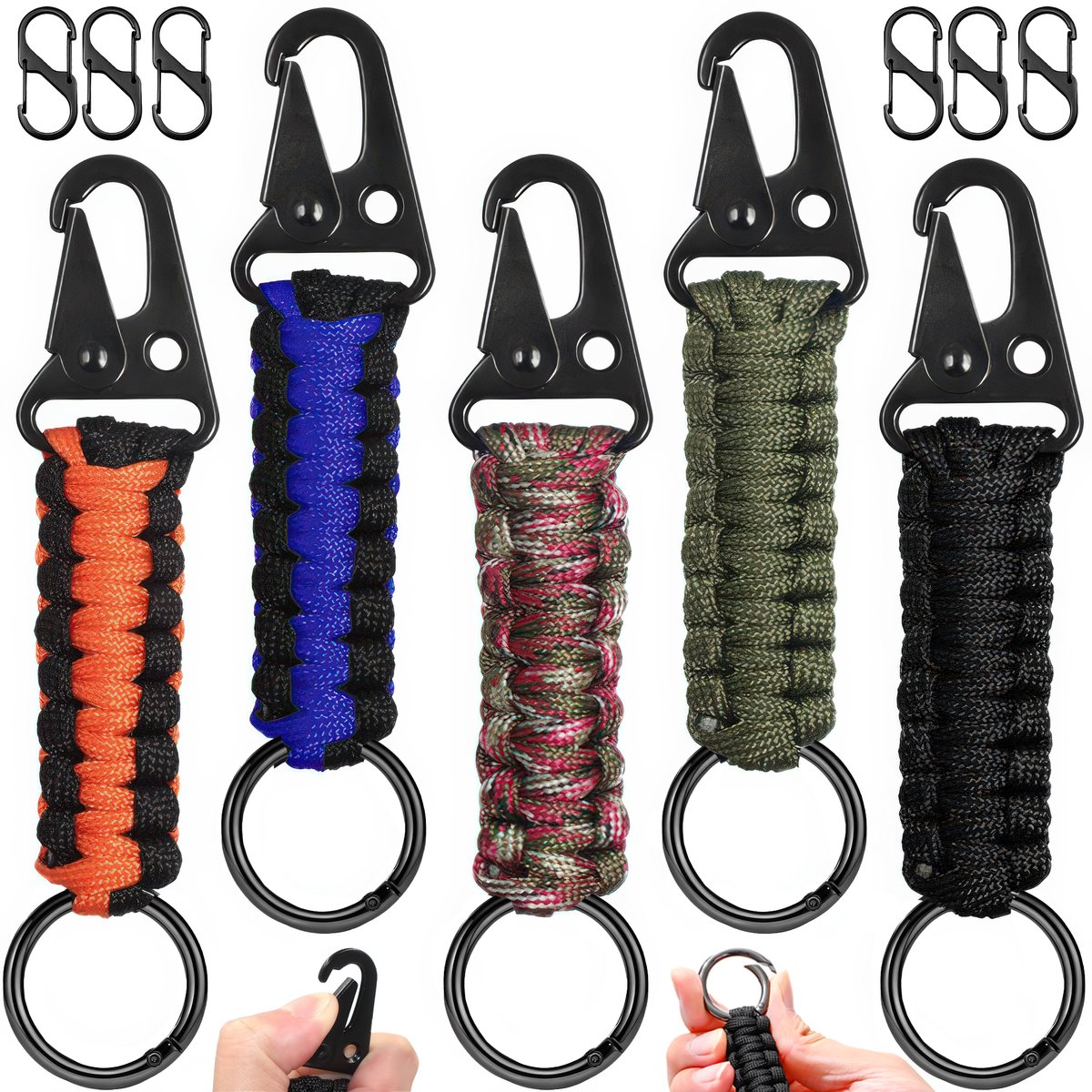 x5 Paracord Heavy-Duty Dubbelzijdig Karabijnhaaken Sleutelhangers - Quick-Release Carabijnhaak Keycord - Carabiner Keychain - Sleutelringen Sleutelkoord - Karabijnsluiting Sleutels Hanger Koord Lanyard voor Volwassen, Mannen - Musketonhaak Keykoord