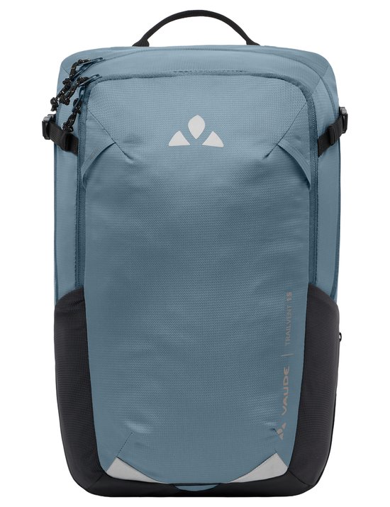 Blauwe Vaude rugzak met logo, vakken en reflecterende details.