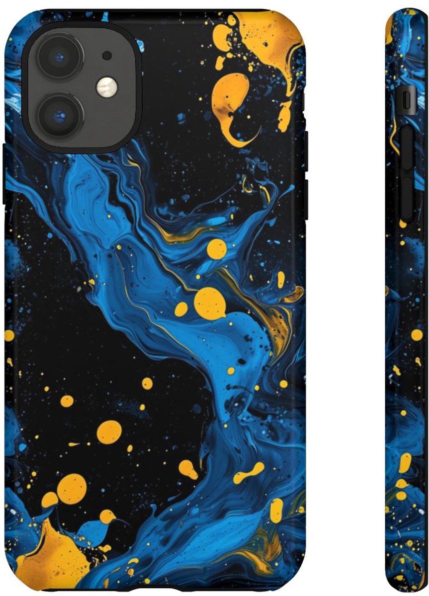 Blauwe en Gele Verfspatten Abstract – Telefoonhoesje Geschikt voor iPhone 11