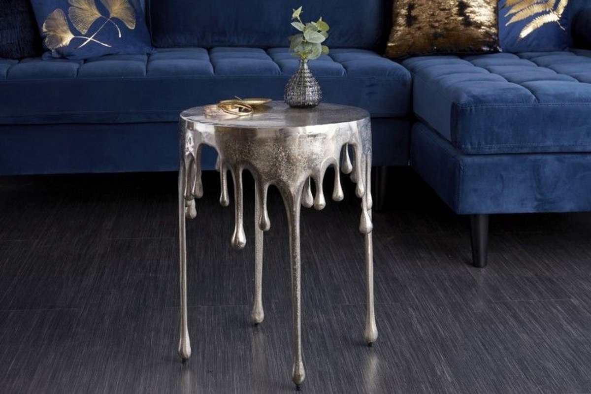 Extravagante bijzettafel LIQUID LINE 50cm zilver traandesign metaal aluminium rond - 39883