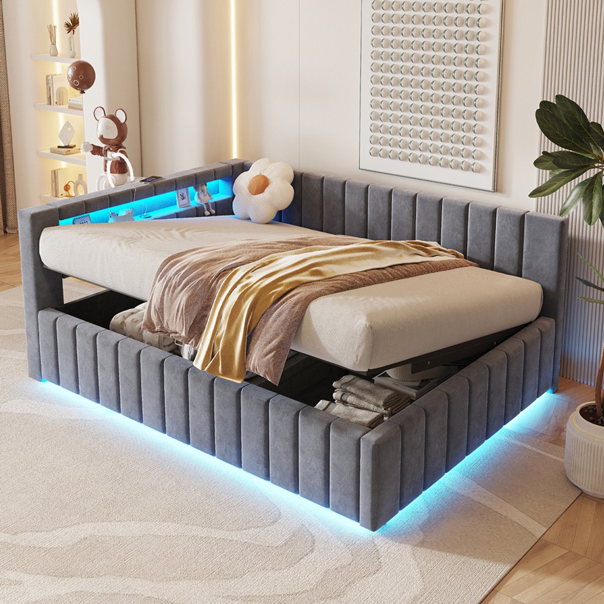 Komhtom Gestoffeerde slaapbank 140x200, met hydraulische opbergruimte, met led-verlichting en USB-poort, met rugleuning, hoofdeinde en stabiel bedframe, grijze fluwelen stof