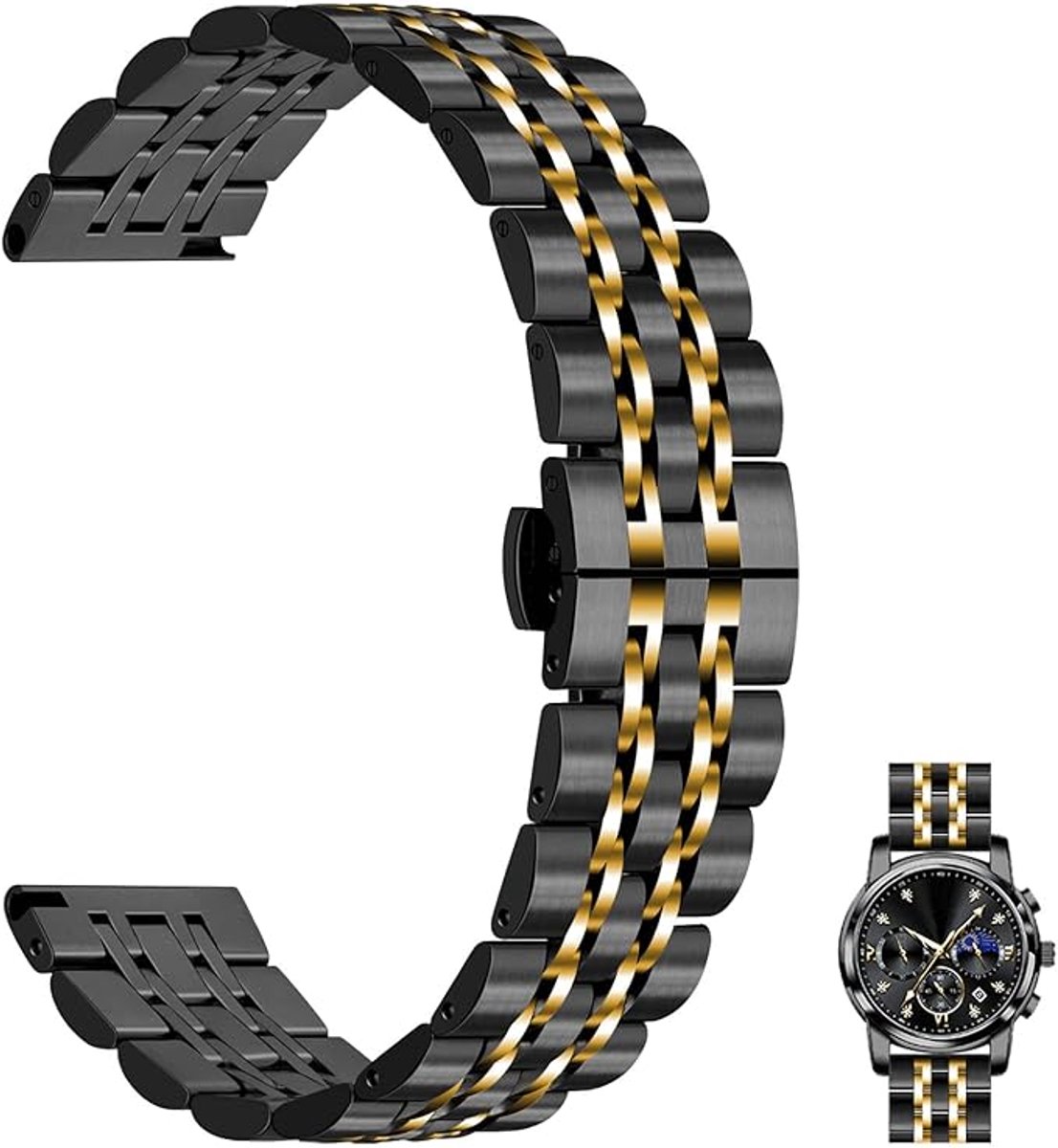 Horlogeband met snelsluiting 22 mm, roestvrijstalen horlogeband voor heren en dames, metalen horlogeband met snelsluiting en vlindersluiting