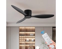 Plafondventilator 3 blad Ø105cm zwart - stille ventilator – top kwaliteit - energie zuinig – met remote - ventilator voor laag plafond - 6 snelheden – beste alternatief voor airco - zomer en winter stand – houten ventilator