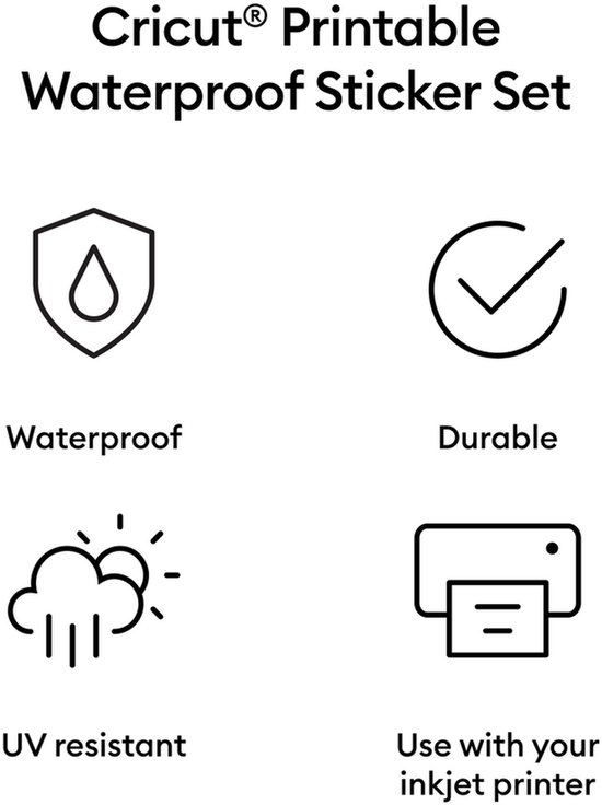 Cricut Printable Waterproof Sticker Set, met iconen voor waterdicht, duurzaam, UV-bestendig en inkjetprinter.