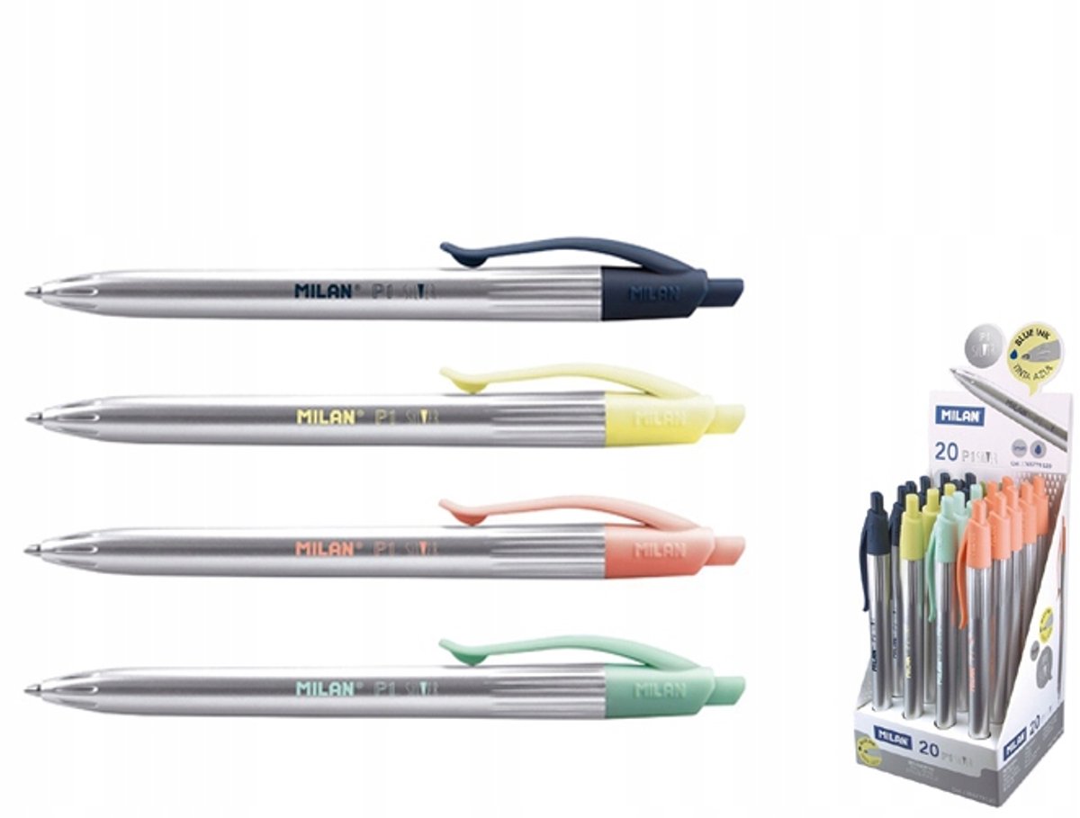 Milan P1 Silver balpen, blauwe inkt, klikbaar, 1200m schrijven