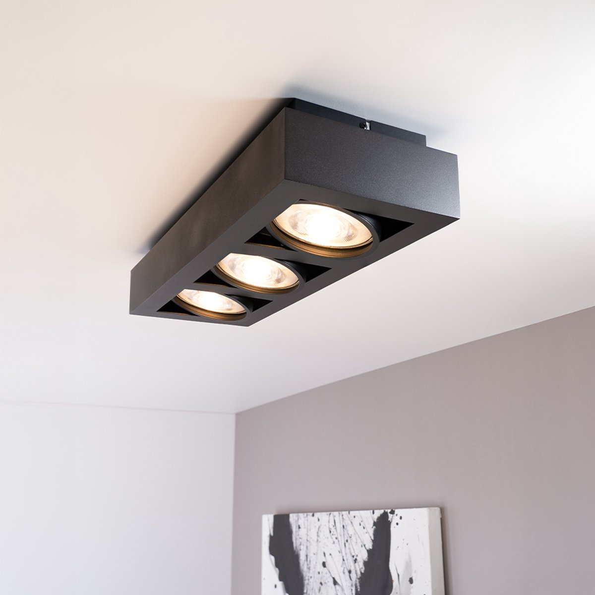 Castor nero III by LUSENZ - Rechthoekige 3-lichts plafondlamp met richtbare spots en matzwarte coating
