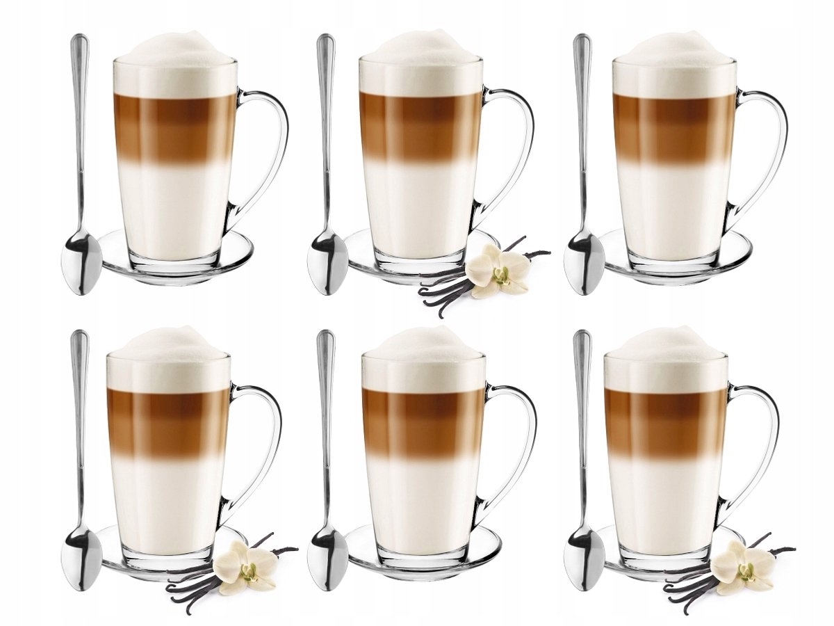 Set bevat 6 Alex Glazen Mokken met Schotels en Lepels - 400ml