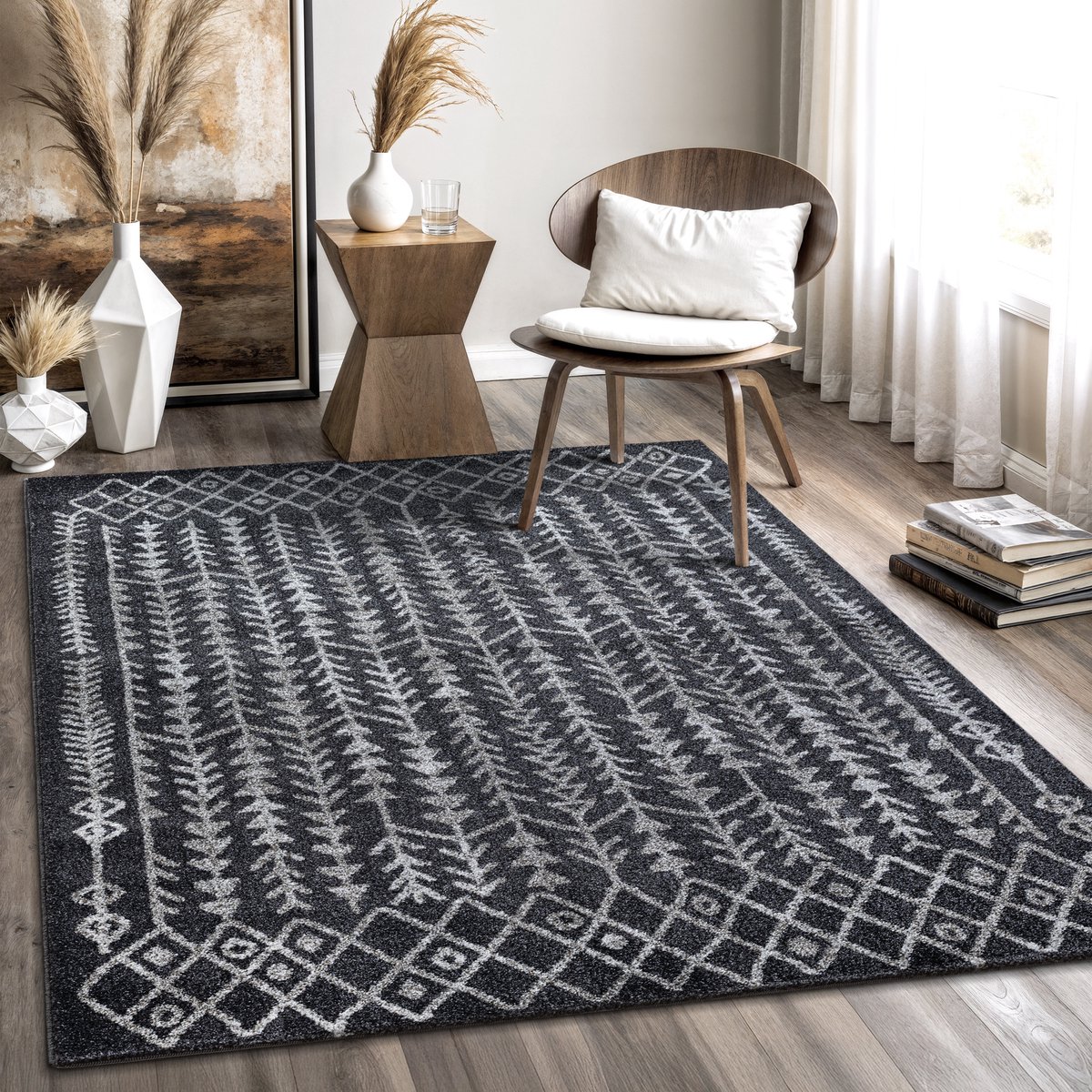Muratap Boho Vintage Kelim Laagpolig Vloerkleed Zwart/Grijs- 140x200 CM