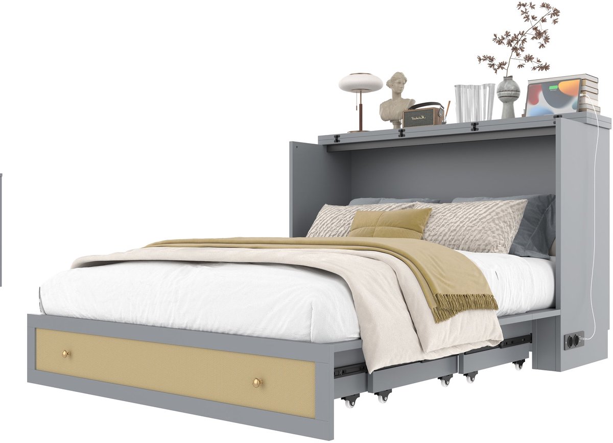 Merax Opklapbaar Bed - 140x200cm - Opklapbed met Lade en USB - Omvormbaar Kastbed - Tweepersoonsbed met Opbergruimte - Grijs - MDF