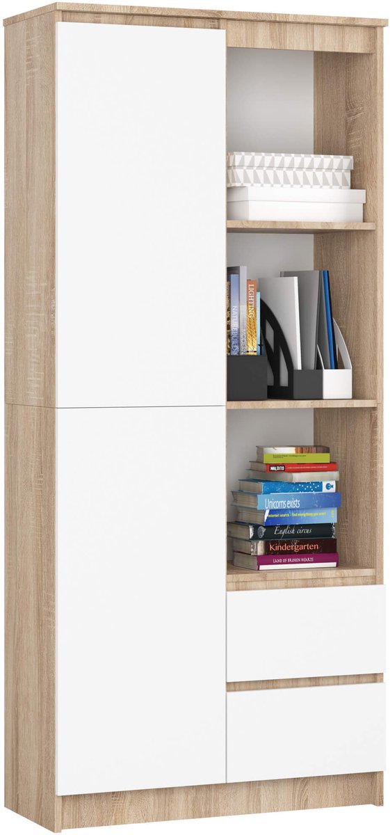Kantoorkast R11 R80 met 2 Lades en 1 Deur / AKORD Furniture Factory / Sonoma Eik - Wit / 80 x 180 x 35 cm