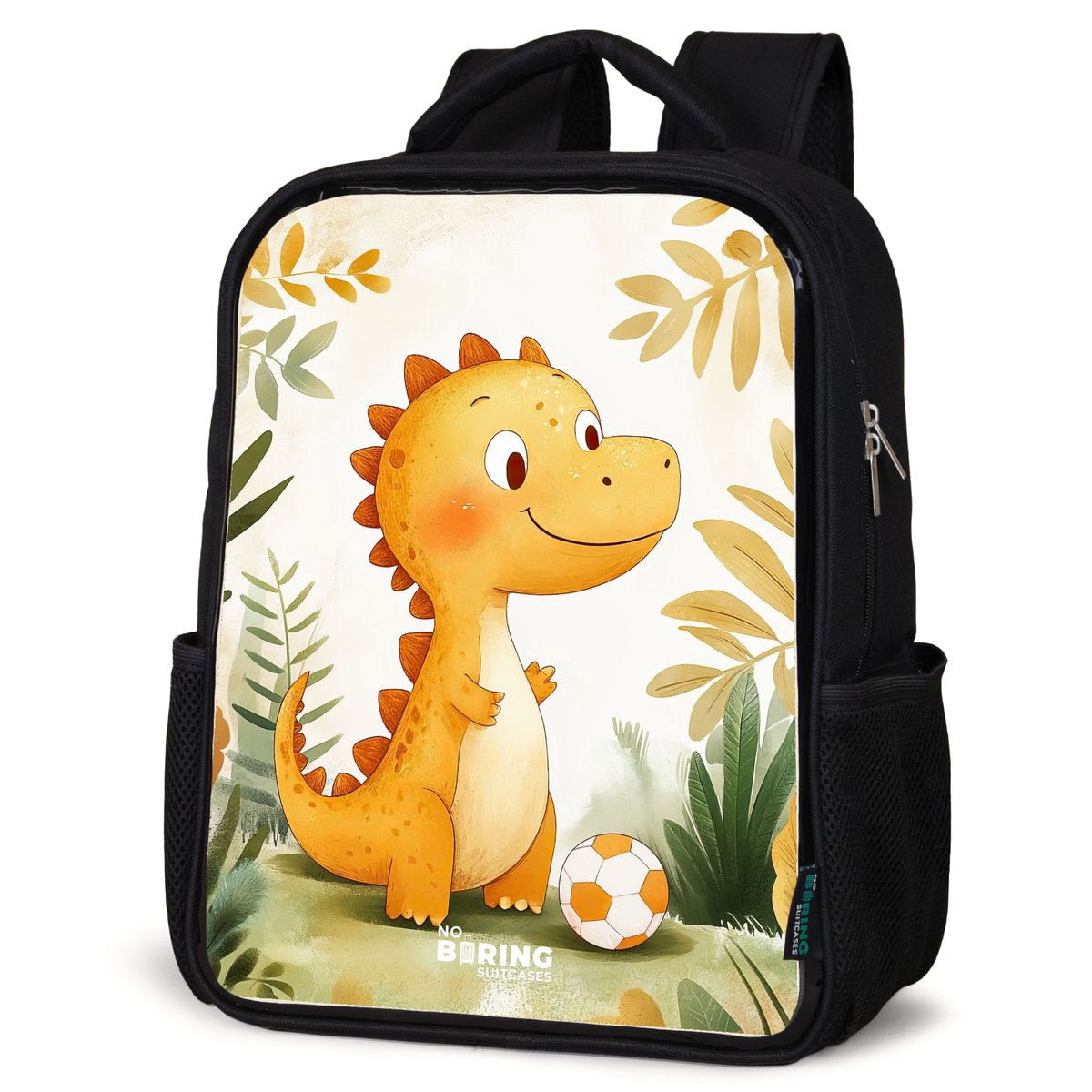 NoBoringSuitcases.com® - Rugzak zwart jongens - Schooltas jongen - NoBoringSuitcases.com® - Rugzak zwart - Schooltas jongen & meisje - Dino - Voetbal - Oranje - Rugtas voor school - Boekentas kind - Schoolrugzak - Kinderrugzak