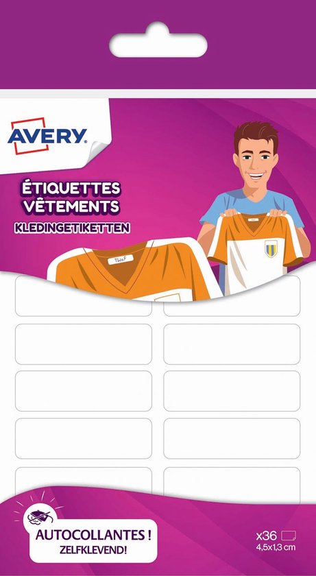 Étiquettes de vêtements Avery, 36 pièces, 4,5x1,3 cm. Un homme présente un T-shirt orange et un blanc.