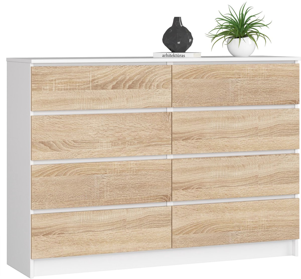 Akord Ladekast K140 met 8 Lades / AKORD Furniture Factory / Wit – Sonoma Eik / 138 x 99 x 40 cm