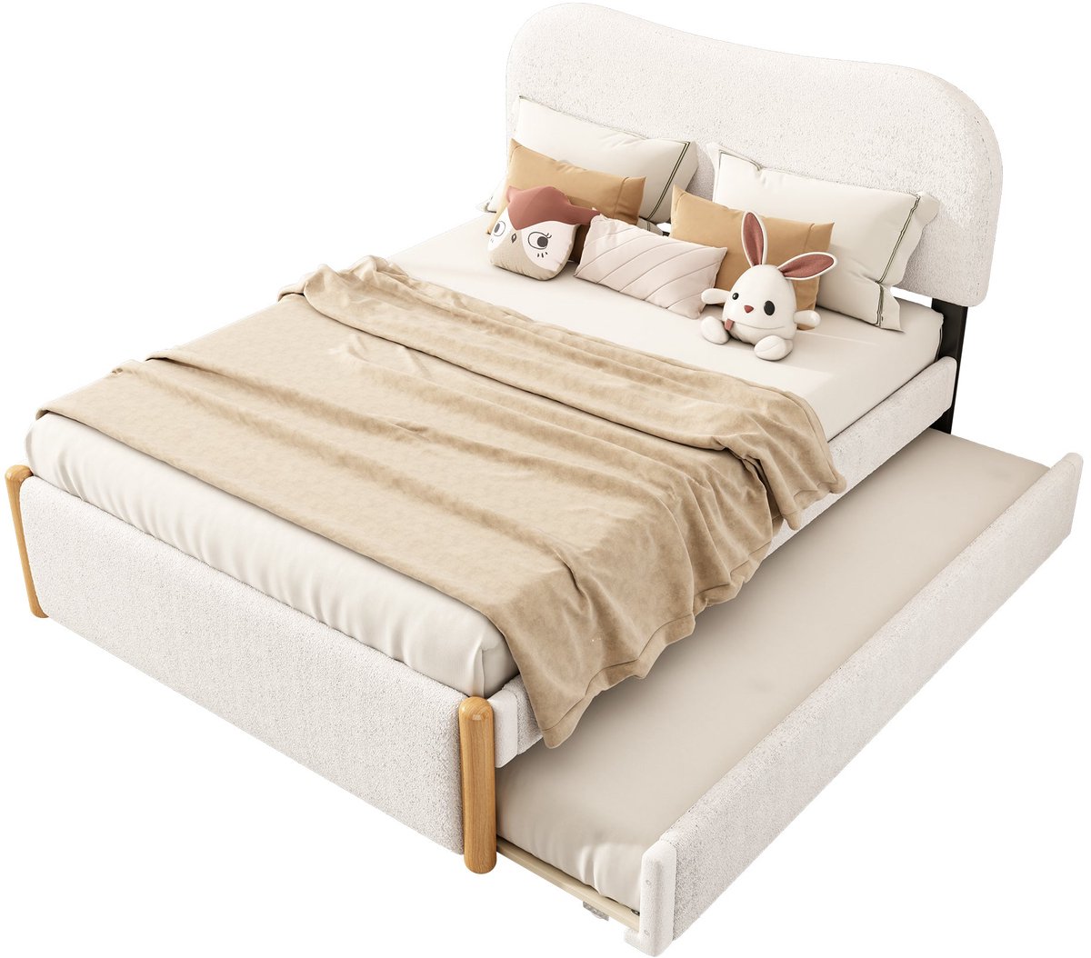 Merax Tweepersoonsbed 140x200cm met Extra Uittrekbaar Bed 90x190 cm - Minimalistisch Design - Wit - Inclusief Lattenbodem