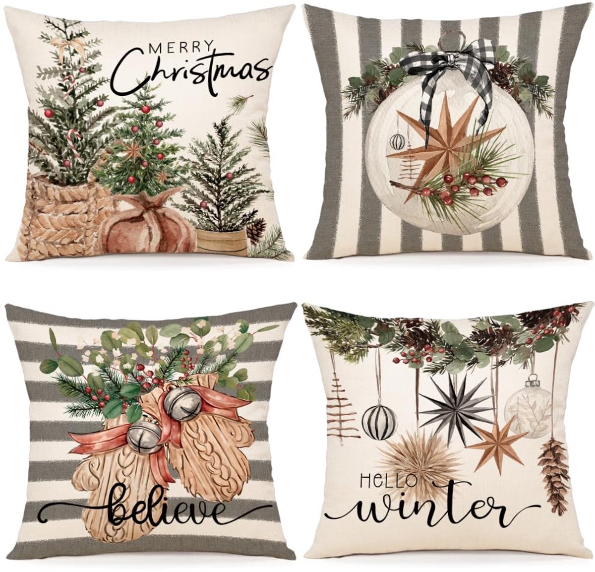 Unyqoos Set van 4 linnen kussenslopen voor feestelijke kerstdecoratie in huis Kleurrijke