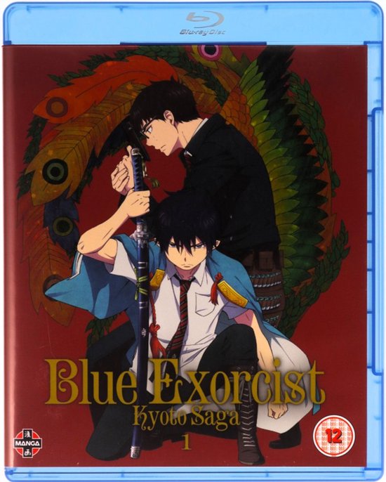 Voorzijde van de "Blue Exorcist Kyoto Saga" Blu-ray hoes met twee anime personages en een gouden draak op de achtergrond.