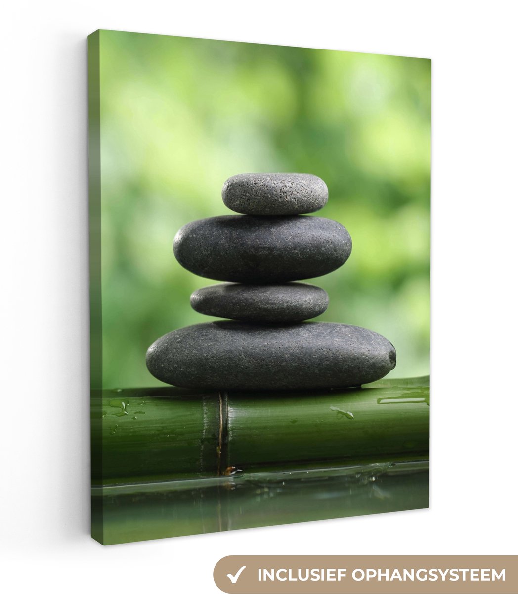 Canvas schilderij 60x80 cm - Wanddecoratie badkamer Zen - Stenen - Groen - Natuur - Bamboe