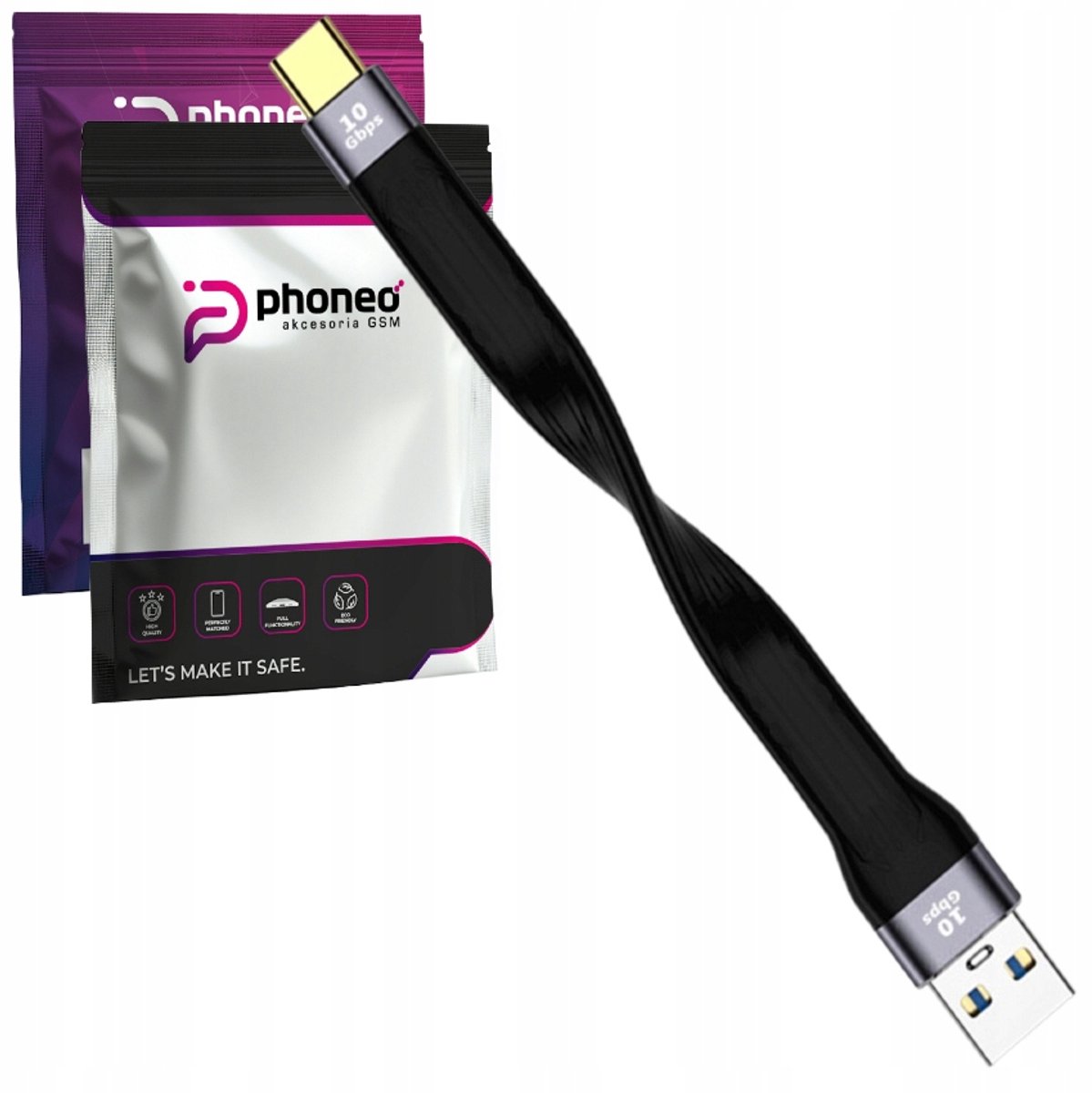 Phoneo USB-A naar USB-C Kabel 10Gbps 60W PD Snelladen 13cm Zwart