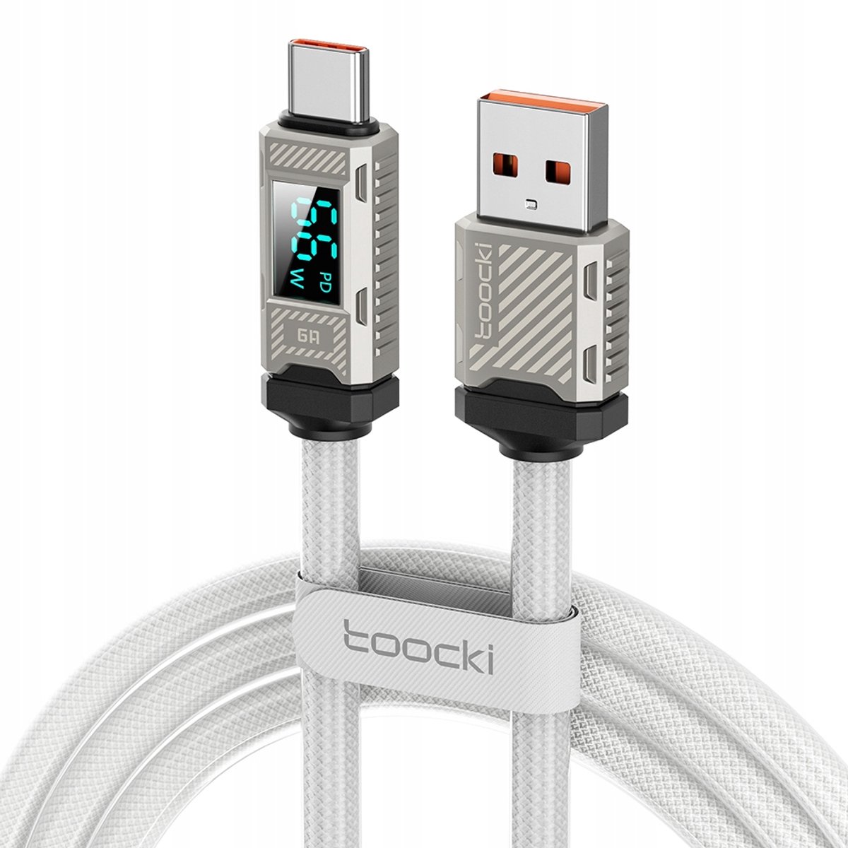Toocki 6A PD66W USB-A naar USB-C kabel, 1m, wit, met digitaal display