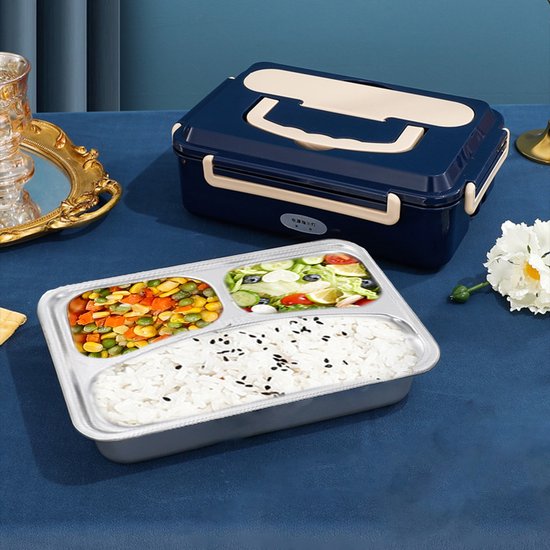 Boîte à lunch électrique CHIWIN en acier inoxydable 304 - Boîte à lunch chauffante pour la voiture et la maison - Boîte à lunch portable à 3 compartiments avec conception étanche et sac isotherme - 24,2 x 17,2 x 8,5 cm