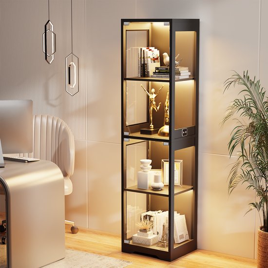 Zwarte vitrinekast met glazen deuren en ingebouwde verlichting, ingericht met boeken en decoraties.