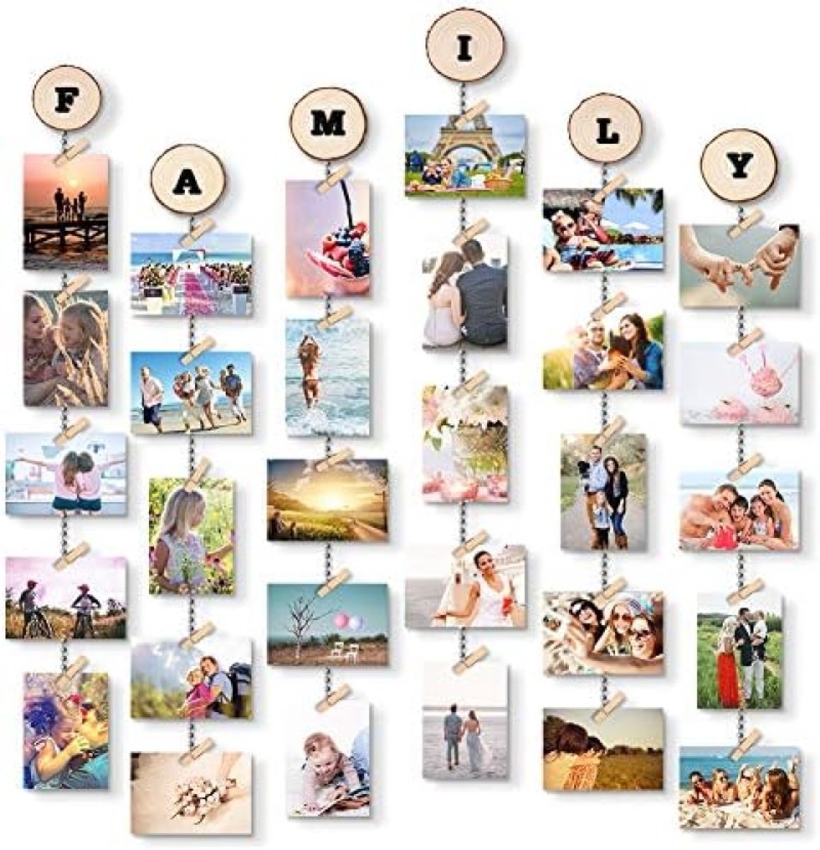 PromoHome Hangende Fotolijst Set - Creatieve Fotodisplay met 30 Houten Clips en 6 Lijnen - DIY Fotocollage met Alfabet en Cijfer Stickers - Wanddecoratie voor Foto's, Kaarten en Herinneringen Bruin