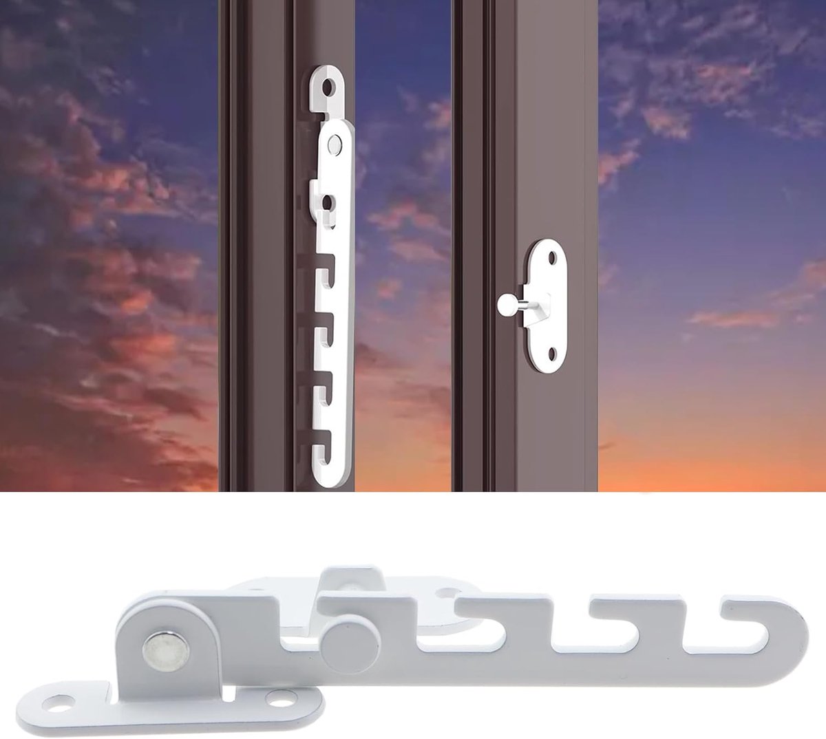 Raamvastzetter - 2 stuks - Raambegrenzer - Aluminiumlegering - Raamuitzetters - Raambeslag - Windhaak - Inclusief Installatiemateriaal - verstelbare - Anti-inbraak - raambeveiliging - voor naar binnen draaiende ramen - Wit thumbnail 4