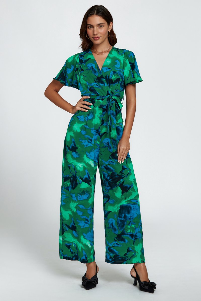 Jumpsuit met abstracte print en wikkeltop in groen