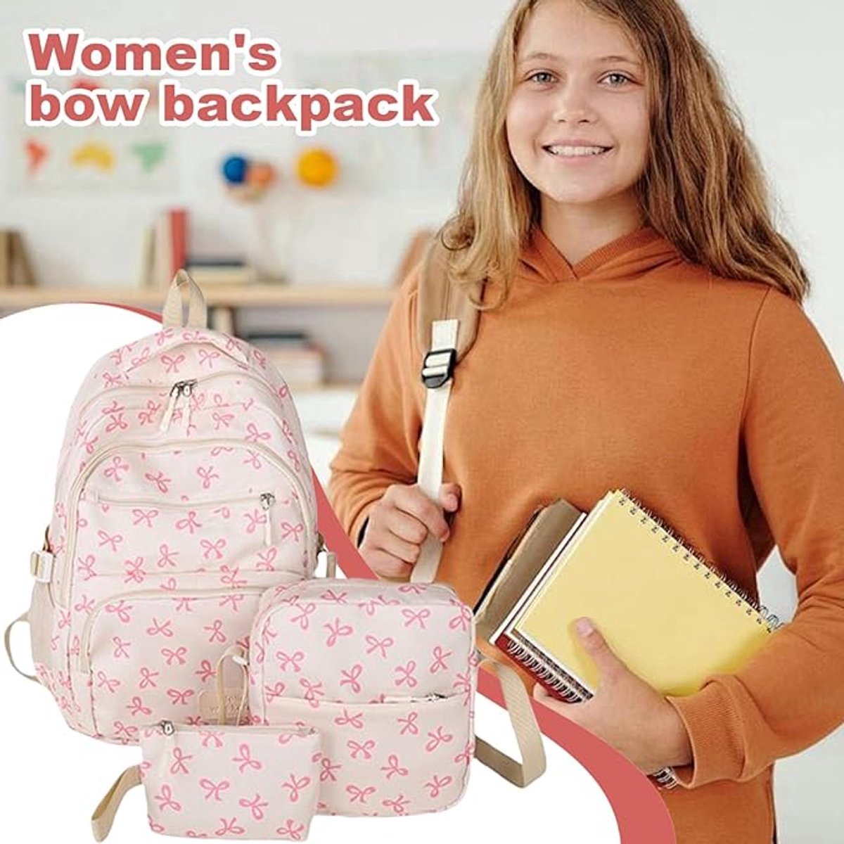 Schooltas - Rugtas - Tas - Rugtas Meisje - Schoolrugzak - 3-Pack Schattige Strik-Rugzakset - Esthetische Strik-Schooltas voor Dames en Meisjes - Grote Capaciteit Bedrukte Tas - voor Reizen, School, Woon-Werkverkeer — cadeau in Mode & Accessoires - foto 2
