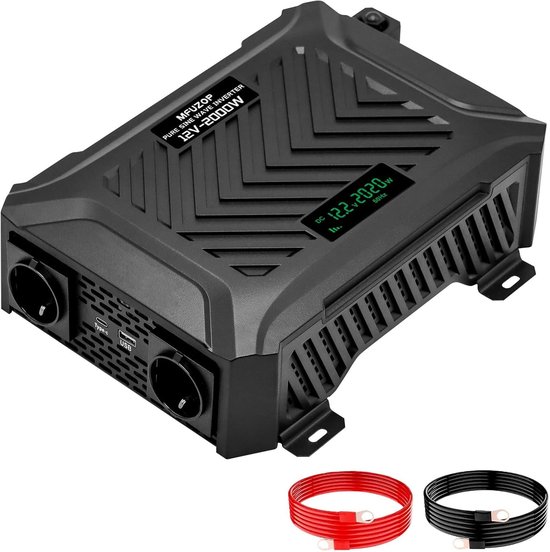 Omvormer 12V naar 230V zuivere sinus 2000W/4000W met 2 EU-stopcontacten, Type-C poort en USB-poort