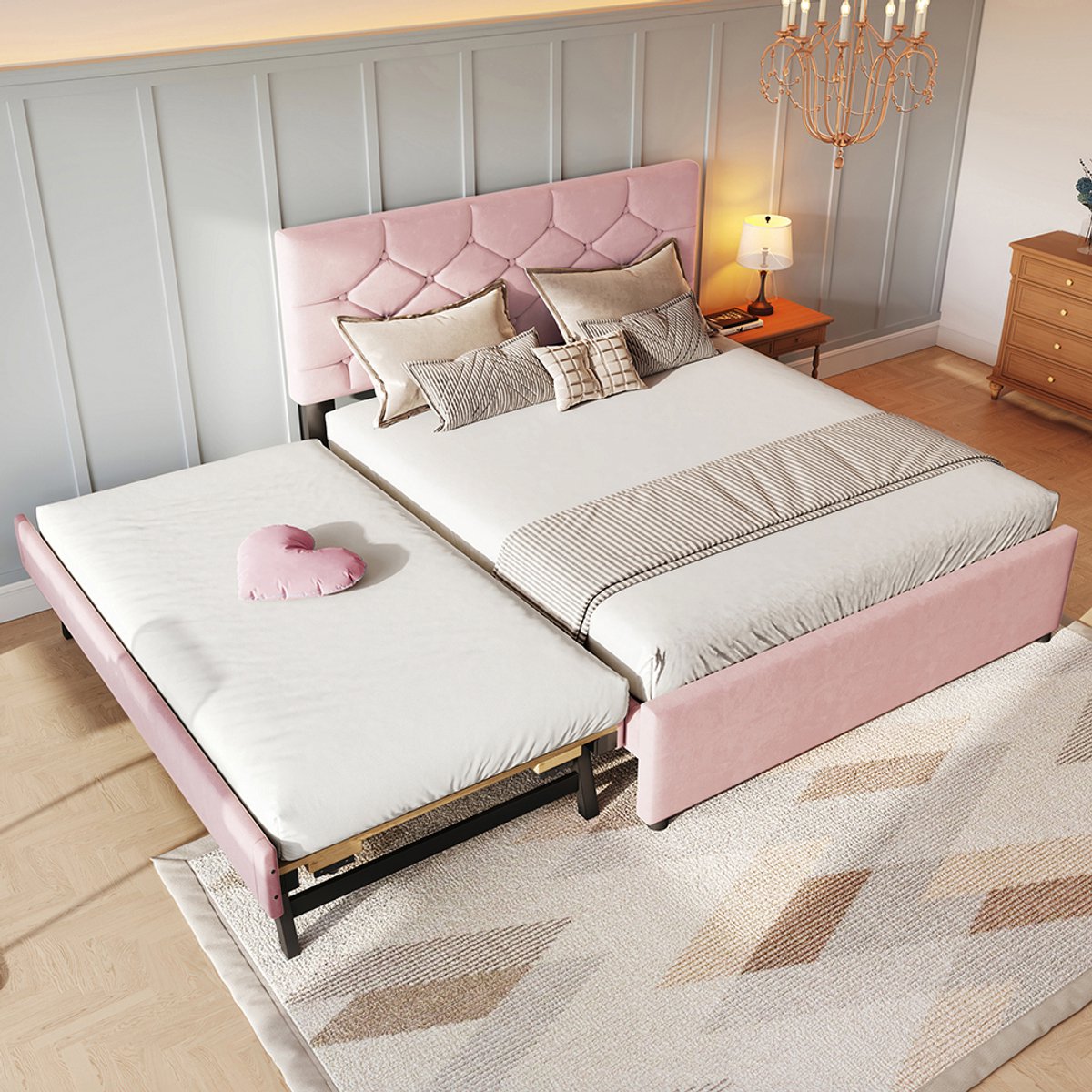 BLACKCOLORS Gestoffeerd bed, 140x200cm, bed met lattenbodem (zonder matras), bed met lade op wieltjes, fluweel, minimalistisch, roze