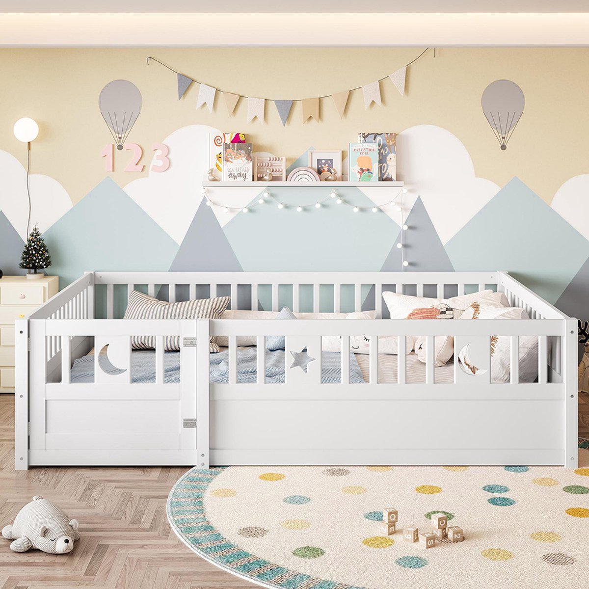 Gutent Kinderbed 140x190cm met ster-maan-decor-raster-wit-met-matras