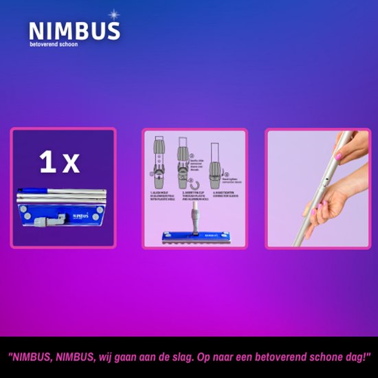 Demonstratie van de Nimbus vloerwisser: 1x de blauwe vloerwisser, de onderdelen en de bevestiging aan de steel.