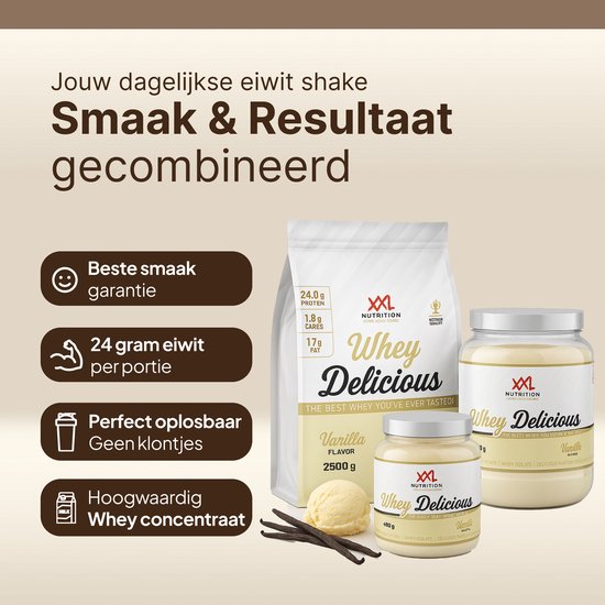 XXL Nutrition - Whey Delicious - 80% Eiwit - Vanille - Wei Eiwitpoeder met BCAA & Glutamine, Proteine Poeder, Eiwit shake, Whey Protein - Diverse Smaken - 1000 gram (33 shakes)