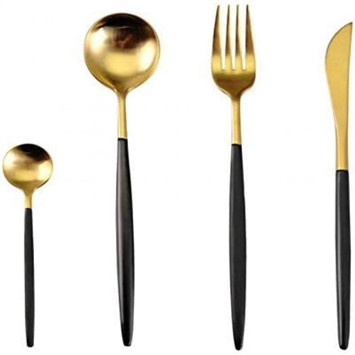 Cuhostki 4-Piece Stainless Steel Cutlery Set - Black Gold, Knife Fork Spoon Coffee Spoon