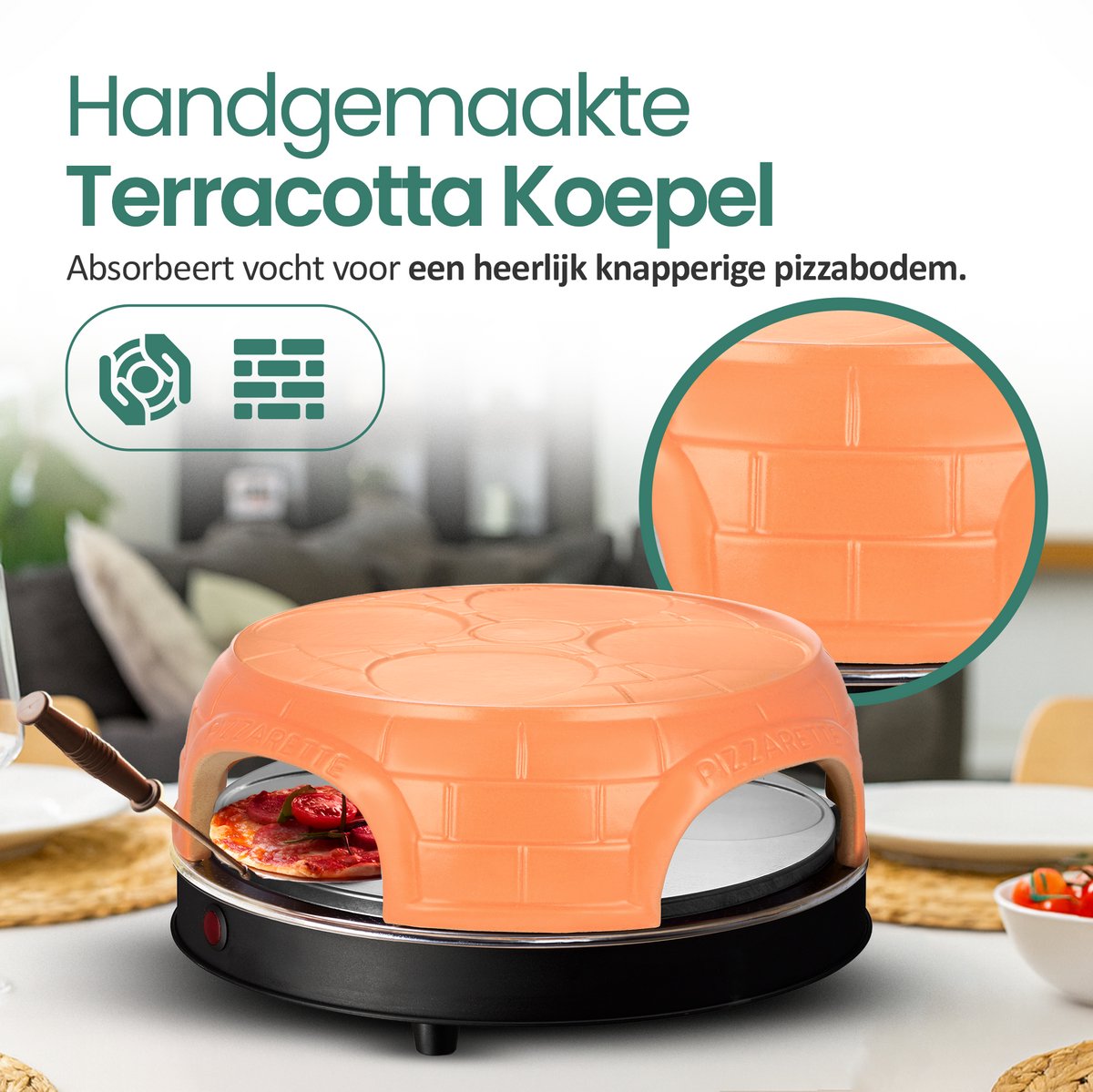 Emerio Pizzarette Origineel - 4 Persoons Pizza Oven - Pre-bake functie - Handgemaakte terracotta koepel - 4 Geïsoleerde bak spatels - RVS bakplaat - PO-115847.1 1000W – foto 2
