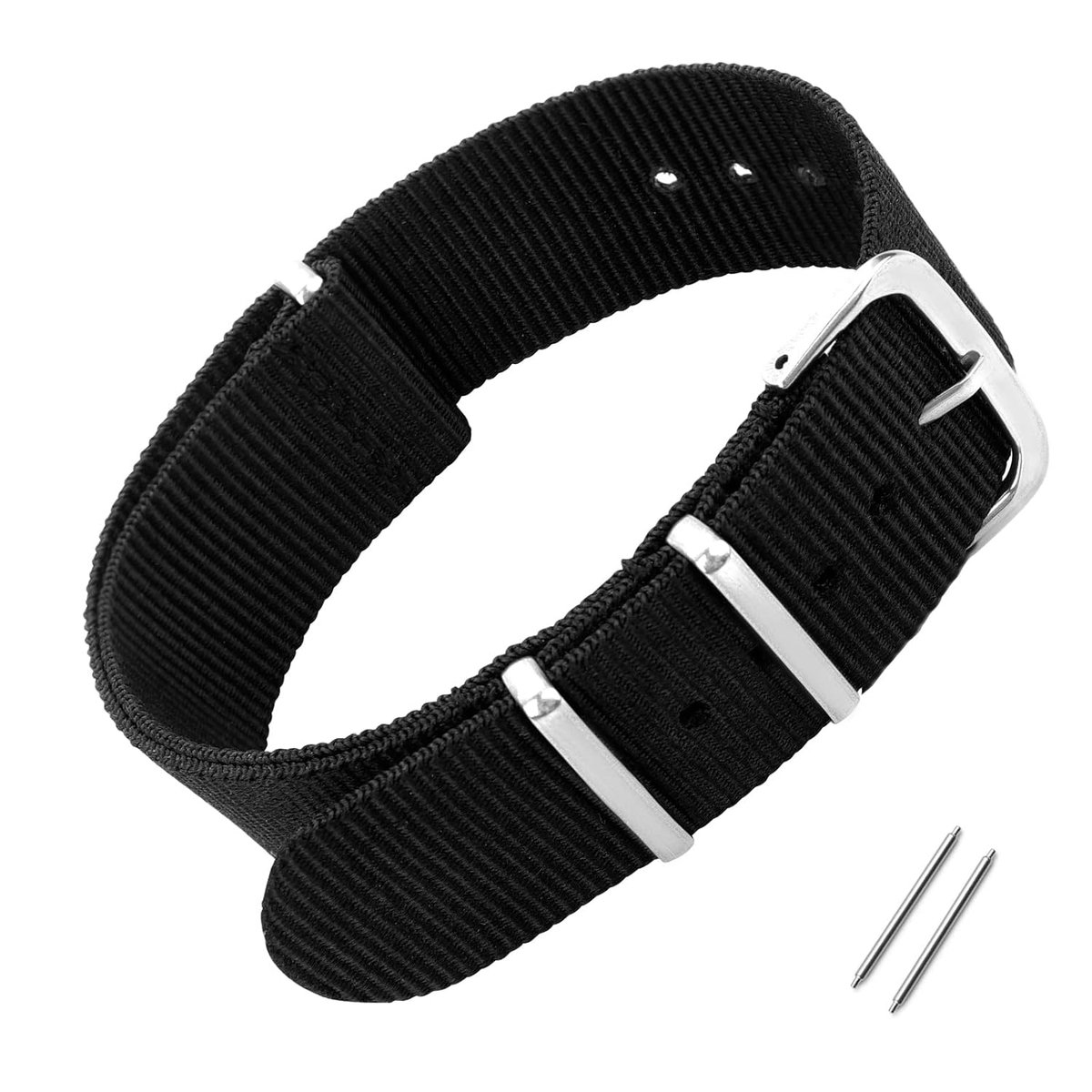 TRANKIELO® - Nylon horlogeband voor mannen en vrouwen - vervangbare militaire stijl - zwarte kleur met zilveren gesp