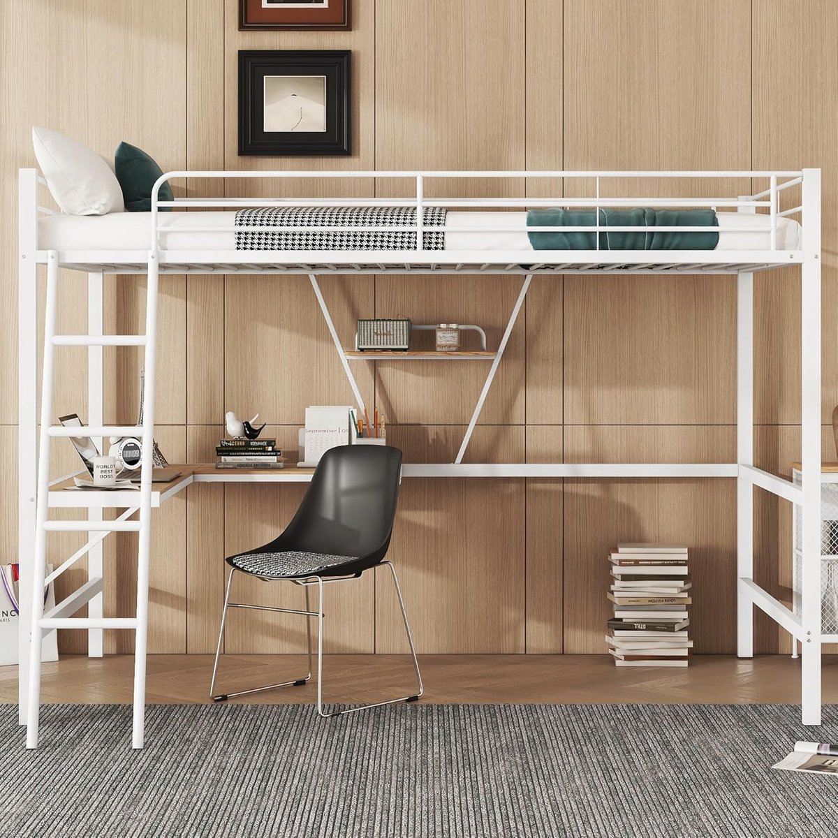 Hoogslaper met Bureau en Plank, 90 x 200 cm, Metalen Bedframe voor Kinderen en Volwassenen
