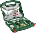Open groene koffer met Bosch boorset, met tangen, waterpas, hamer, houtboren, metaalboren.