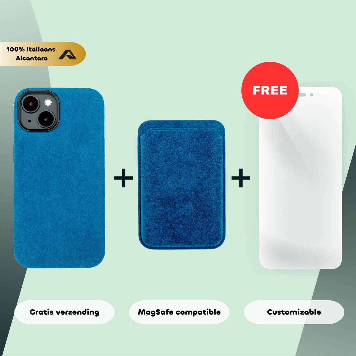 iPhone 14 – Alcantara Case + MagSafe Wallet + Gratis Screenprotector | Sapphire Blue