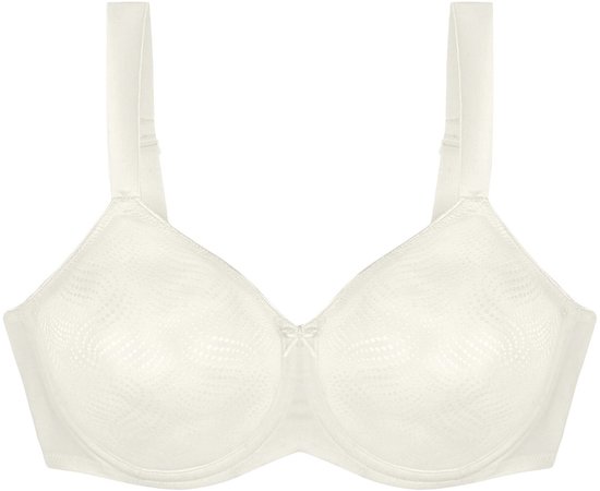 Soutien-gorge minimiseur blanc cassé avec une subtile texture sur les bonnets, flottant sur fond gris.