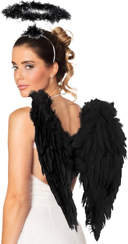 Engel/duivel verkleed set vleugels en halo diadeem - zwart - verkleed vleugels 50 cm - Halloween - Carnaval