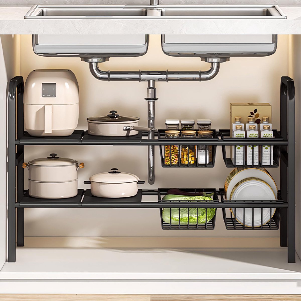 Ibenzoa® Uitbreidbare kastorganizer met verstelbare manden voor keuken en badkamer