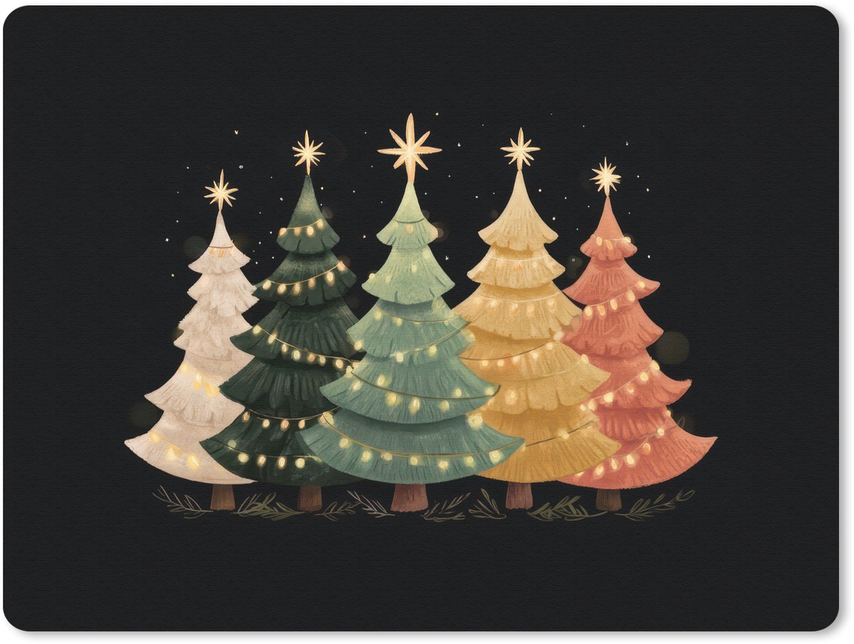 Muismat 23x19 cm - Mousepad Kerstbomen - Kleurrijk - Lichtjes - Ster - Muismatten