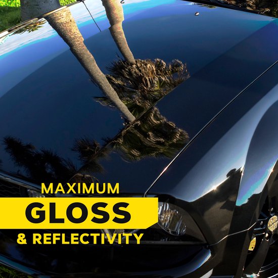 Zwarte auto met glanzende lak en reflecties van palmbomen. Tekst: MAXIMUM GLOSS & REFLECTIVITY.