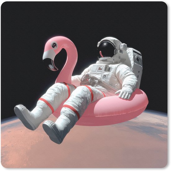 Muismat 20x20 cm - Mousepad Astronaut - Flamingo - Zwemband - Roze - Muismatten