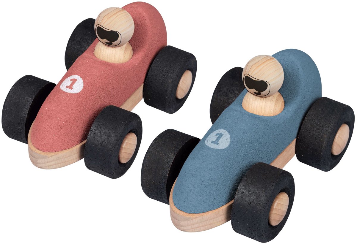 KORKO - Set van 2 kurken raceauto's voor baby's - Blauw en rood - Vanaf 18 maanden