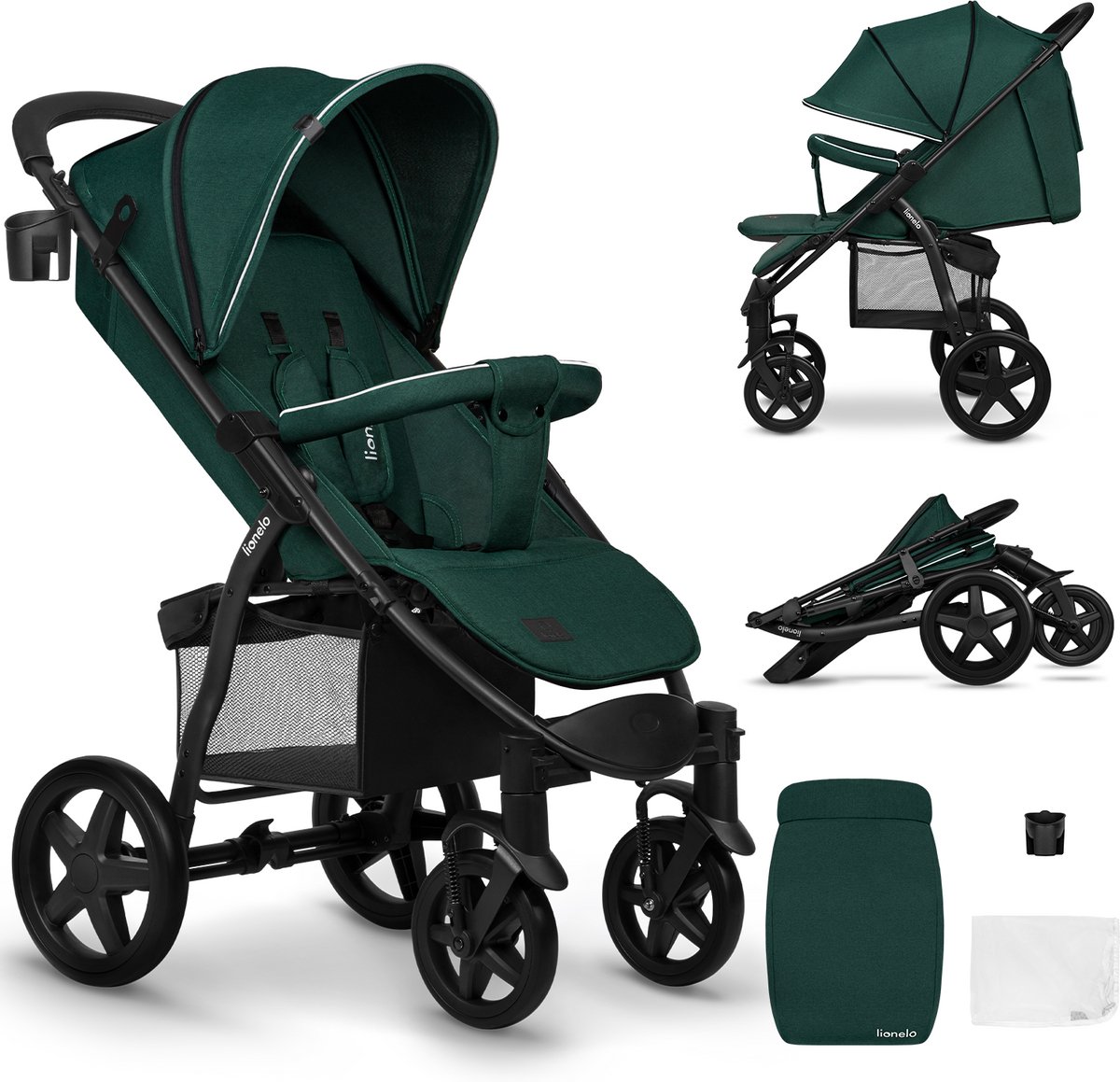 Lionelo Buggy Annet Plus – Lichtgewicht & Inklapbaar – Grote Massieve Wielen met Vering – Inclusief Voetenzak, Klamboe & Bekerhouder – Verstelbare Rugleuning & Voetsteun – Wandelwagen vanaf de geboorte tot 22 kg – Kinderwagen